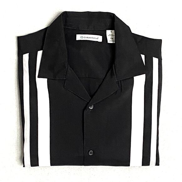Cubavera Men's Small Tri-Color Striped Camp Shirt Jet Black White & Gray NEW - Picture 1 of 11